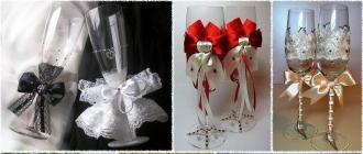 DIY bröllopsglasögon med spets - hur man gör en romantisk dekoration för de nygifta brudarnas bord
