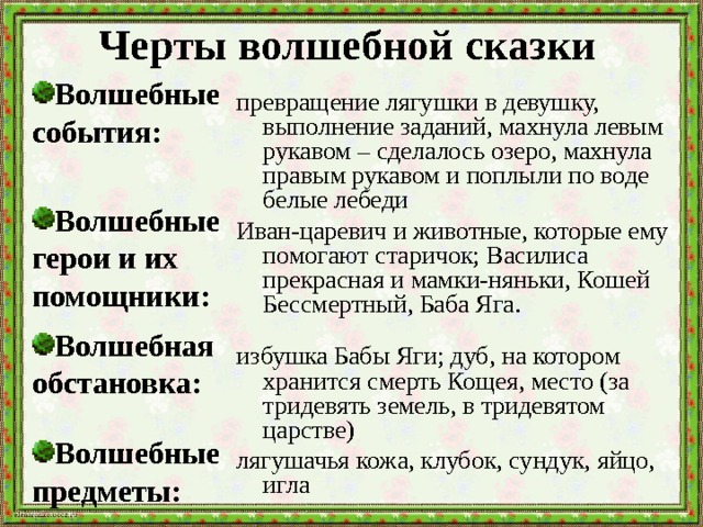 Какие особенности волшебных сказок. Черты волшебной сказки. Черты волшебной сказки Царевна лягушка. Черты волшебной сказки 5 класс. Особенности волшебной сказки Царевна лягушка.